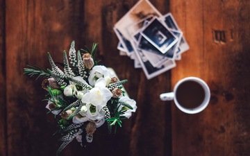 цветы, кофе, стол, букет