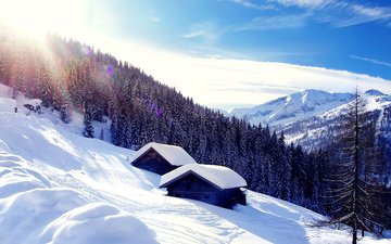 горы, снег, лес, зима, австрия, путешествия, домик, европа, альпы