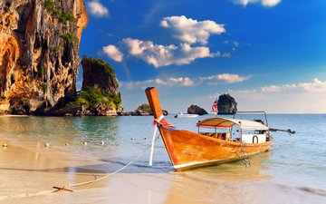 скалы, море, пляж, лодка, отдых, таиланд