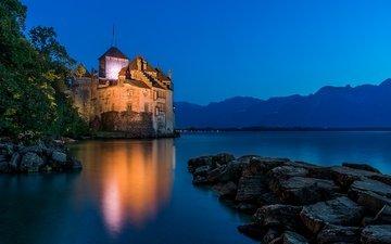 озеро, горы, камни, замок, швейцария, альпы, шильонский замок, château de chillon, женевское озеро, монтрё