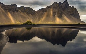 озеро, горы, отражение, исландия, vestrahorn, coastal mountain range, stokksnes