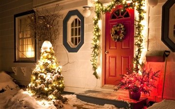 огни, снег, новый год, зима, ель, праздник, рождество, декабрь
