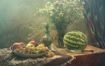 фрукты, стол, арбуз, букет, нож, натюрморт, натюрморт с арбузом и фруктами