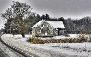 дорога, природа, зима, дом