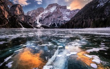озеро, горы, природа, утро, лёд