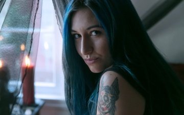 девушка, модель, татуировки, синие волосы, moon