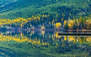 деревья, вода, озеро, горы, лес, отражение, осень, причал, человек, сша, монтана, национальный парк глейшер, глейшер, lake mcdonald, макдональд