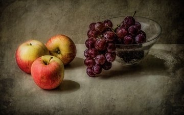 макро, виноград, фрукты, яблоки, ваза