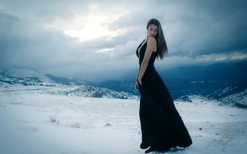 горы, снег, девушка, платье, поза, взгляд, модель, лицо, one with the winter