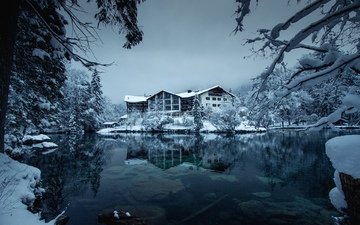 озеро, лес, зима, дом