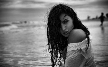 девушка, море, портрет, чёрно-белое, мокрые, волосы