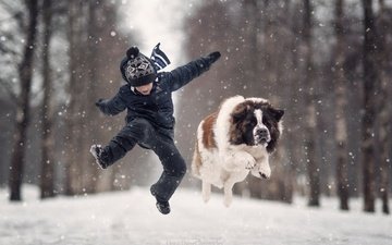 снег, зима, животные, собака, ребенок, мальчик, московская сторожевая, московская, сторожевая