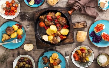 хлеб, овощи, мясо, помидоры, дерева, оливки, картошка, гриль, барбекю