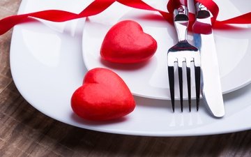 вилка, нож, сердечки, романтик, краcный, валентинов день
