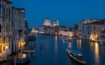 ночь, огни, собор, венеция, канал, италия