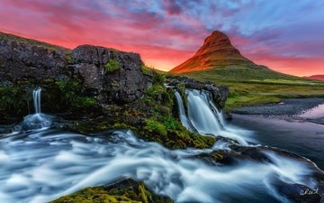 свет, вечер, горы, утро, водопад, исландия, киркьюфетль, гора kirkjufell