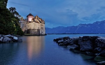 ночь, огни, вода, замок, швейцария, шильонский замок