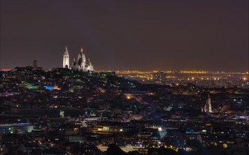 ночь, огни, панорама, париж, франция, монмартр, базилика, сакре-кёр