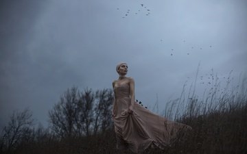 девушка, платье, птицы, ветер, aleah michele, the side of a dying hill