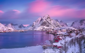 свет, утро, городок, норвегия, поселок, лофотенские острова, розовое небо
