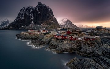 горы, скалы, норвегия, поселок, лофотенские острова, фьорд