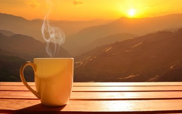 солнце, утро, рассвет, кофе, чашка, горячая, доброе утро, coffee cup