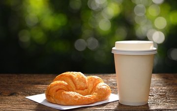 утро, кофе, чашка, завтрак, круассан, горячая, доброе утро, coffee cup