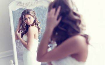 девушка, отражение, платье, взгляд, зеркало, волосы, лицо, белое, свадьба, невеста