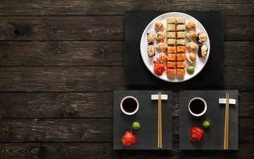 японская еда, палочки, соус, суши, роллы, вассаби, имбирь, набор