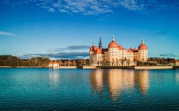 озеро, отражение, замок, германия, саксония, морицбург, замок морицбург, moritzburg castle