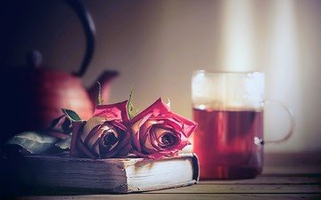 цветы, розы, кружка, чай, книга