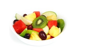 виноград, фрукты, арбуз, ягоды, белый фон, яблоко, киви, салат, фруктовый салат