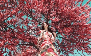 дерево, цветение, девушка, платье, модель, весна, лицо