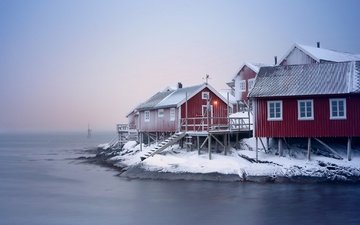 дома, норвегия, лофотенские острова, зимнее море, рейн
