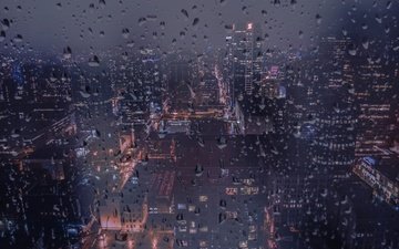 ночь, город, дождь, ванкувер, окно, здания, канада, капли дождя, капли на стекле