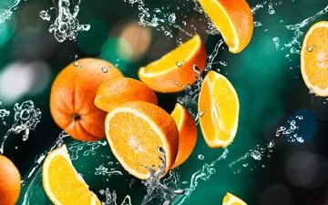 вода, фон, фрукты, апельсины, брызги, апельсин, дольки, цитрусы