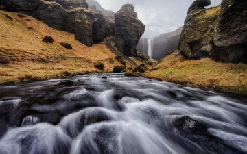 река, скалы, природа, водопад, поток, исландия