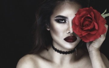 девушка, цветок, роза, взгляд, модель, волосы, губы, лицо