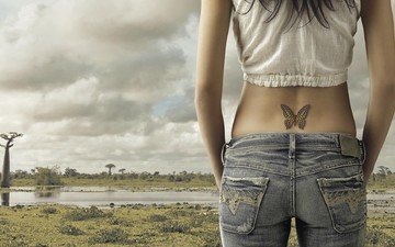 девушка, бабочка, джинсы, спина, татуировка