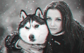 снег, девушка, портрет, взгляд, собака, волосы, лицо, хаски, сибирский хаски