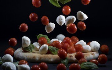 зелень, сыр, овощи, питание, помидоры, пицца, базилик, моцарелла
