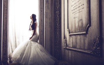 девушка, взгляд, профиль, волосы, азиатка, невеста, свадебное платье