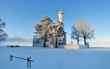 деревья, снег, зима, церковь, германия, бавария, церковь святого кальмана, швангау