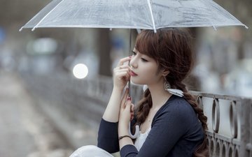 девушка, настроение, портрет, взгляд, зонт, азиатка