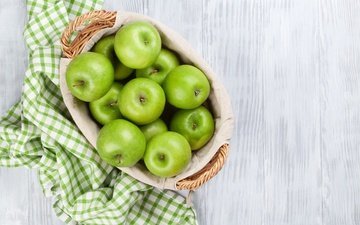 еда, фрукты, яблоки, зеленые, корзинка