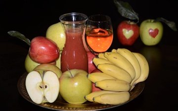 фрукты, яблоки, бананы, сок