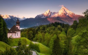 горы, лес, весна, церковь, германия, бавария