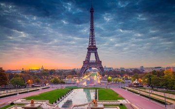 рассвет, панорама, париж, франция, эйфелева башня