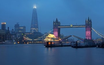 река, туман, лондон, темза, башня, англия, тауэрский мост