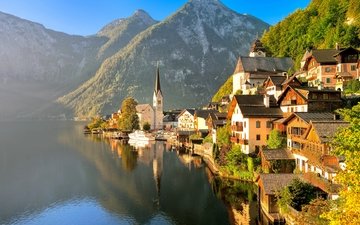озеро, горы, природа, отражение, пейзаж, город, осень, лодки, австрия, дома, здания, альпы, зальцкаммергут, гальштат, дахштайн